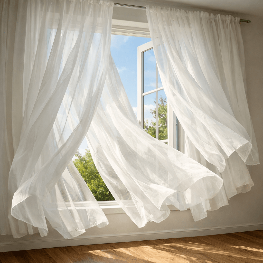 Open window with white sheer curtains blowing inward and green trees outside